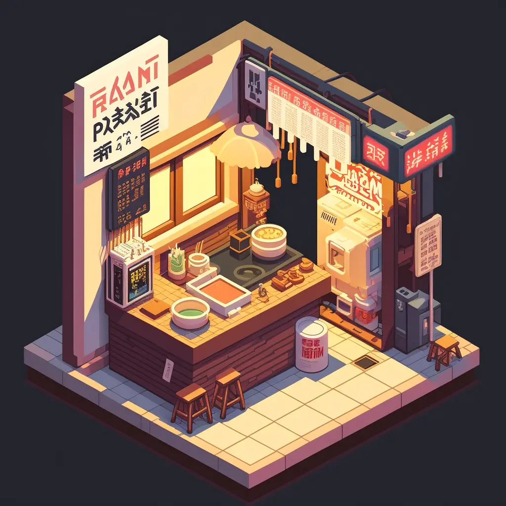 Isometric clean pixel art image of a small Japanese ramen stall 
